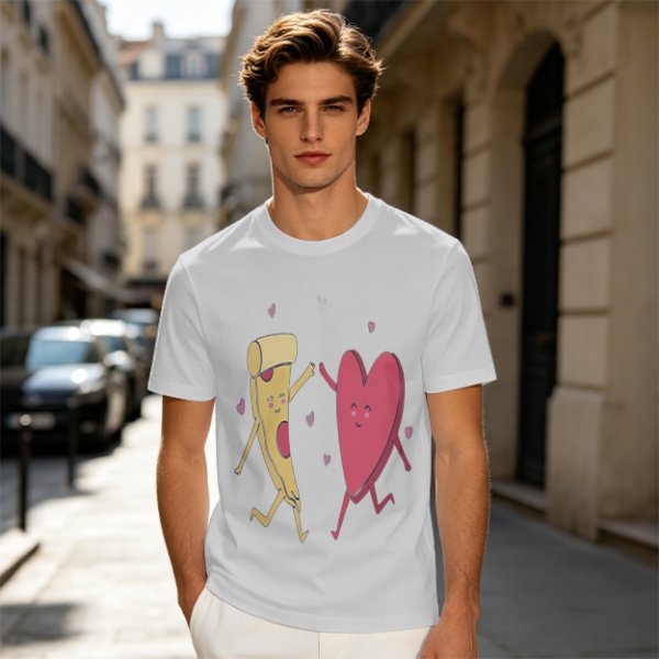 Olive T-Shirt with Dancing Pizza Slice and Heart Graphic