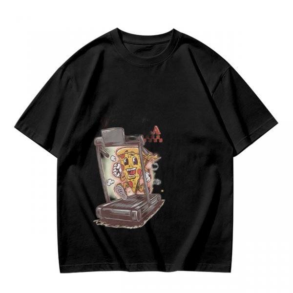 Olive T-shirt with cartoon pizza running on treadmill graphic