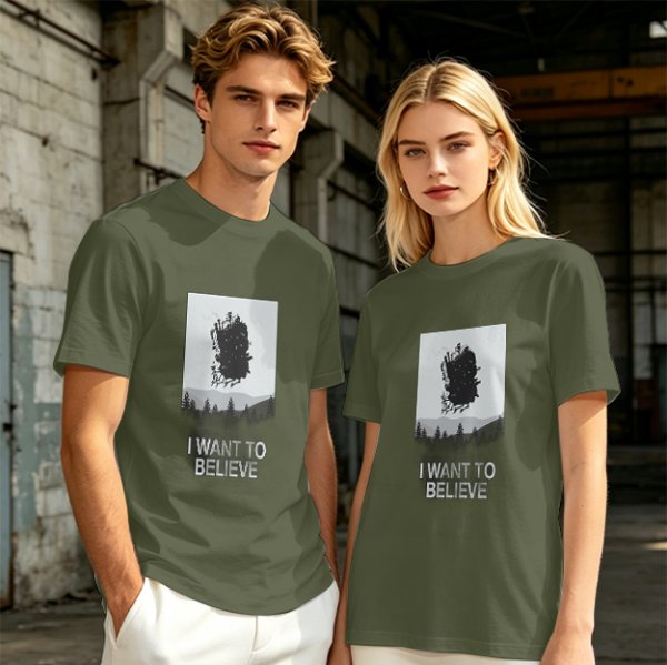 Olive t-shirt with 'I Want To Believe' UFO landscape print