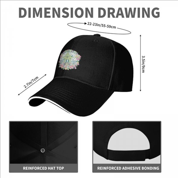 Black baseball cap with whimsical magical plant and mushroom graphic