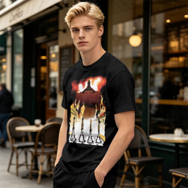Olive T-Shirt With Anime Characters Crossing Burning Street Print