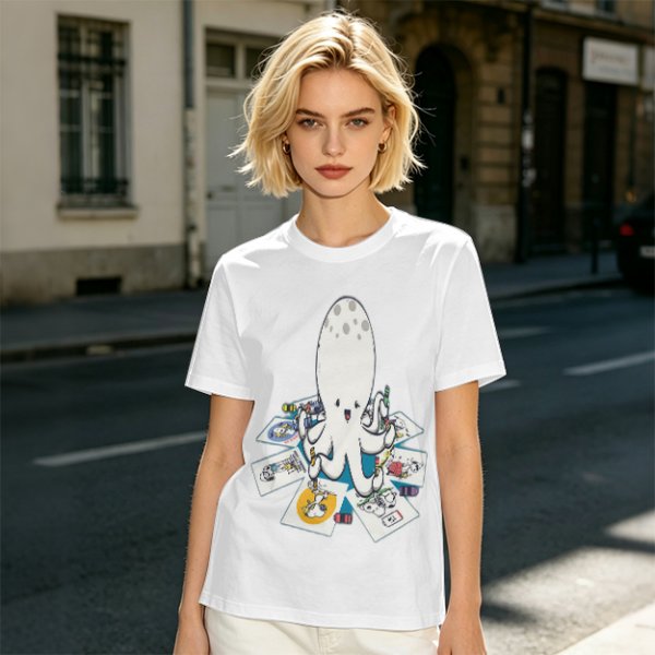 Olive T-Shirt With Cute Octopus Drawing Artwork Print