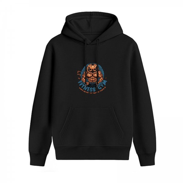 Black Hoodie With Muscular Pumpkin Fitness Gym Graphic