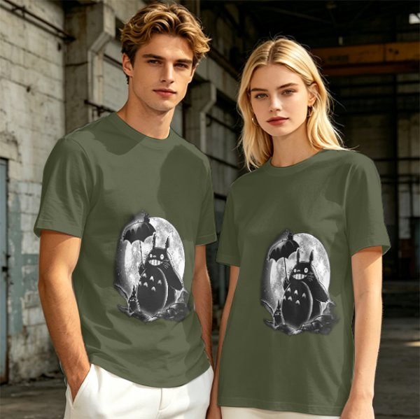 Olive t-shirt with Totoro and small spirits under full moon print