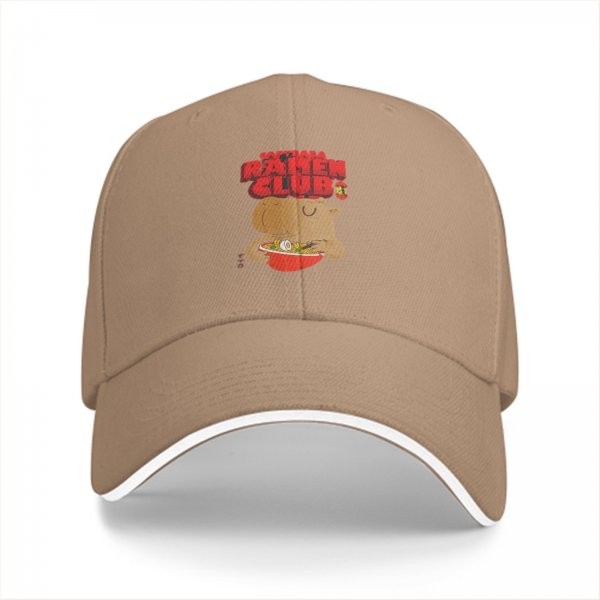 Black baseball cap with capybara eating ramen ramen club print