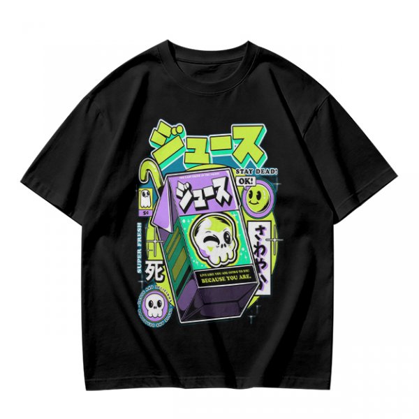 Olive T-shirt with spooky juice box graphic and playful skull art