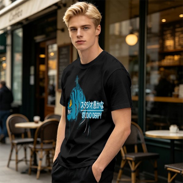 Olive Graphic T-Shirt with Blue Tiger and Studio Derpy Text
