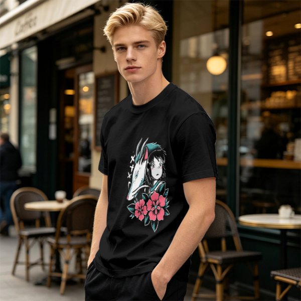 Olive T-shirt with Spirited Away Haku and Chihiro Anime Art Print
