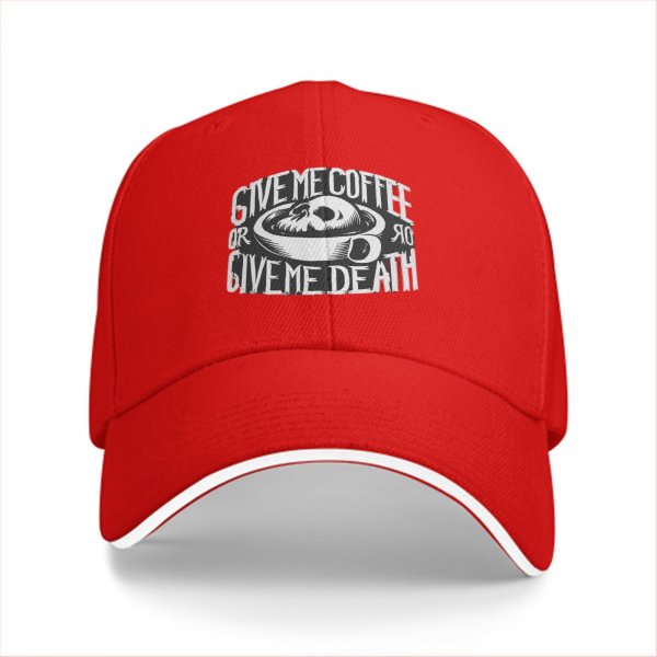 Black baseball cap with 'Give Me Coffee Or Give Me Death' skull graphic