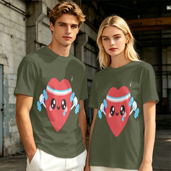 Olive T-Shirt With Cute Cartoon Heart Lifting Dumbbells Print