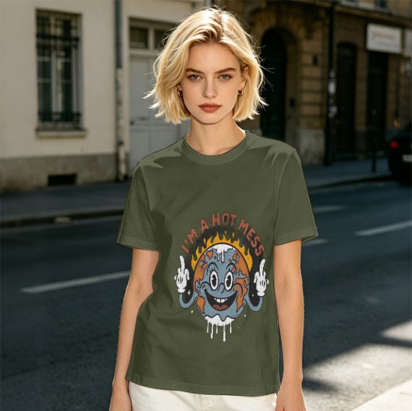 Olive t-shirt with 'I'm a Hot Mess' melting earth graphic