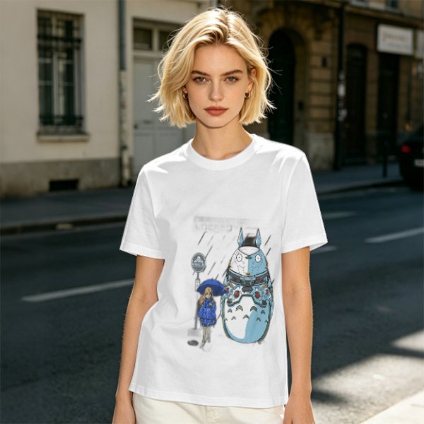 Olive T-Shirt with Mech Totoro and Girl at Bus Stop Print