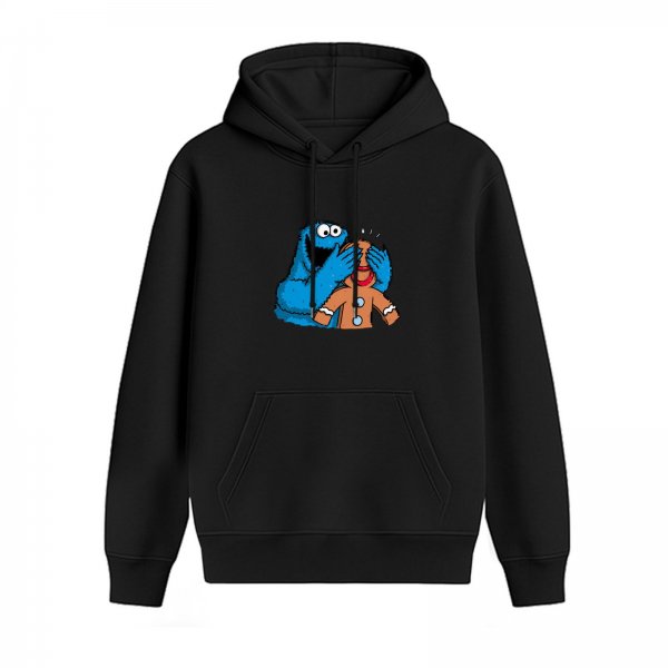 Black hoodie with Cookie Monster covering gingerbread man’s eyes graphic