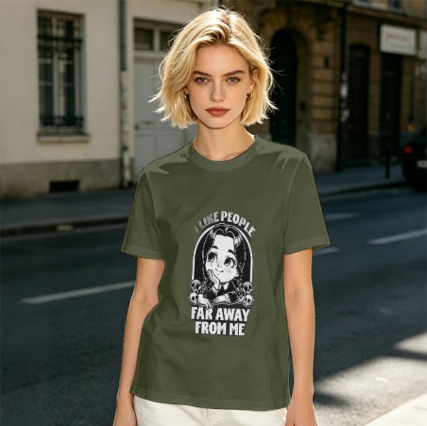 Olive t-shirt with Wednesday Addams 'I Like People Far Away From Me' print