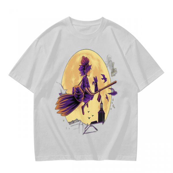 Olive t-shirt with witch flying on broom against full moon