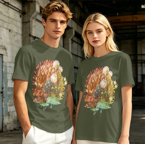 Olive Green T-Shirt with Whimsical Nature Floral and Rock Art Print