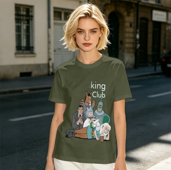 Olive T-Shirt Featuring 'king Club' and Animated Characters Print