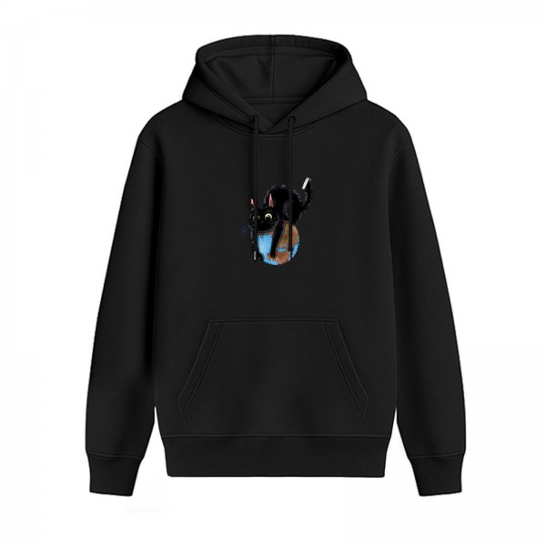 Black Hoodie With Playful Black Cat On Earth Graphic