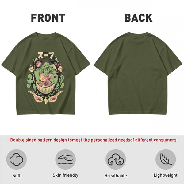 Olive green t-shirt with playful vegetable soup graphic print