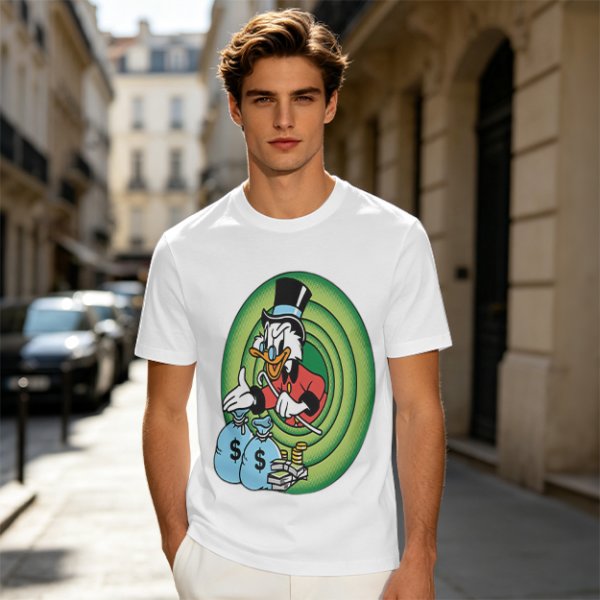Olive T-Shirt Featuring Scrooge McDuck with Money Bags and Coins