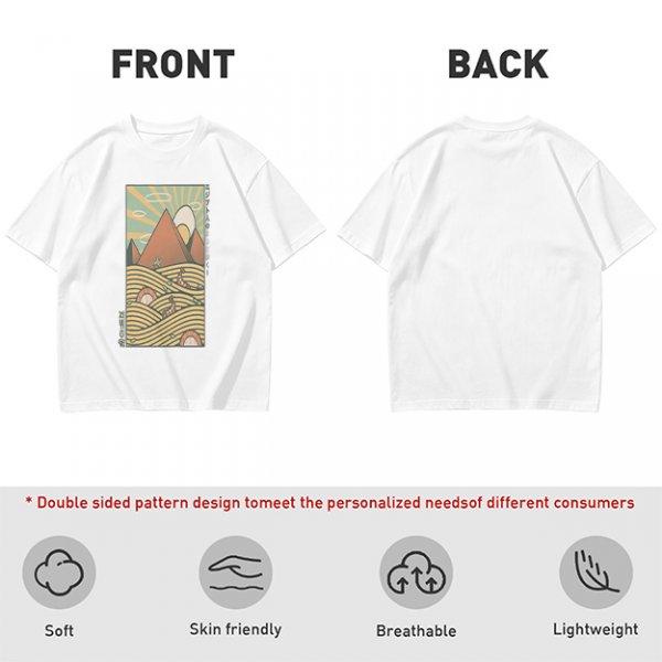 Olive T-Shirt With Retro Mountain And Ramen Noodle Landscape Print
