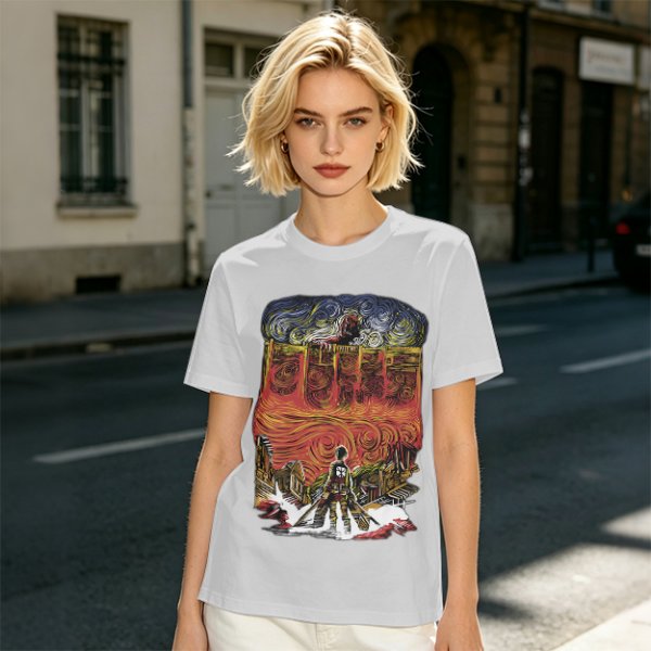 Olive T-shirt with Artistic Swirling Scene Print Featuring a Silhouetted Figure