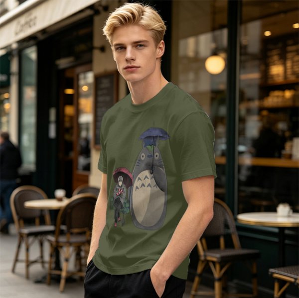 Olive T-shirt with Totoro and masked figure under umbrellas print