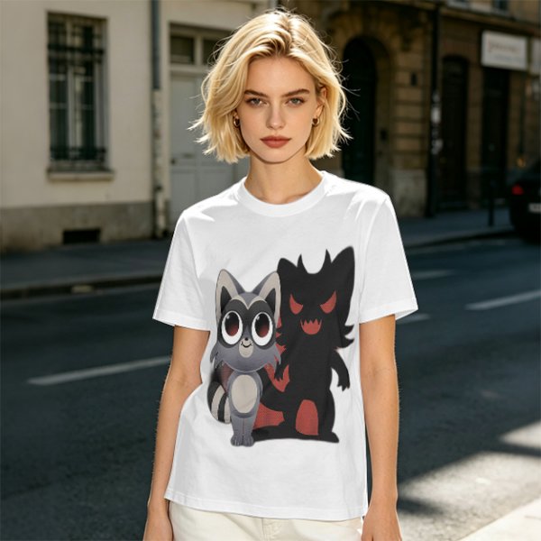 Olive T-Shirt With Cute Raccoon And Shadow Monster Graphic