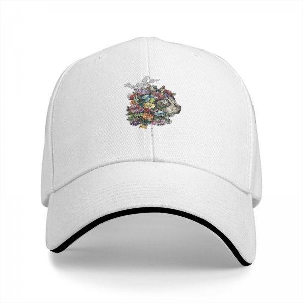 Black Baseball Cap With Floral Cat Head Art Print