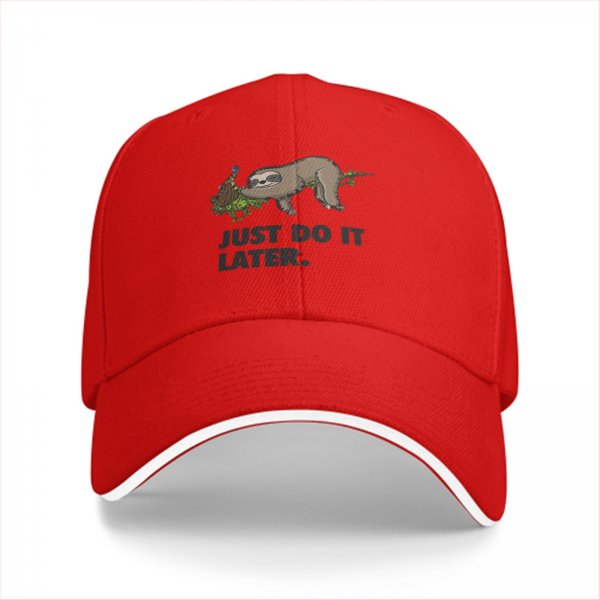 Black baseball cap with sloth graphic and 'Just Do It Later' text