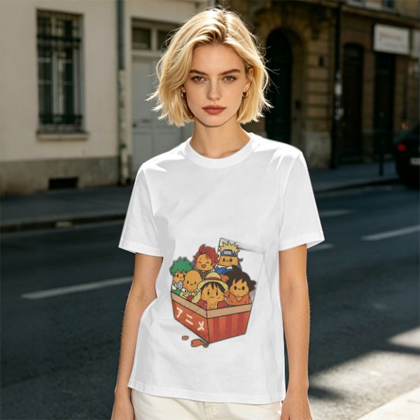 Olive T-shirt with Chibi Anime Characters in Takeout Box