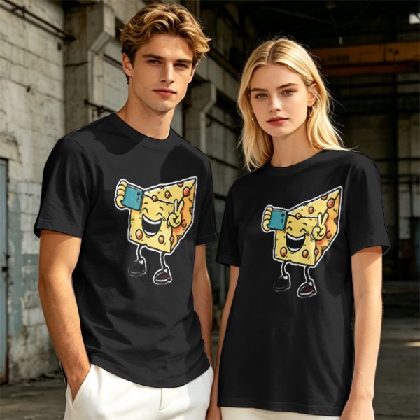 Olive T-shirt with a cartoon cheese taking a selfie and making a peace sign