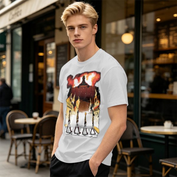 Olive T-Shirt With Anime Characters Crossing Burning Street Print