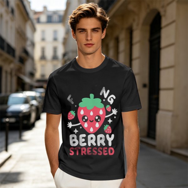 Olive graphic t-shirt with crying strawberry and 'berry stressed' text