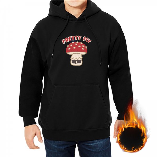 Black hoodie with 'Pretty Fly' and cool mushroom graphic
