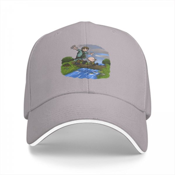 Black Baseball Cap With Cartoon Boys Crossing Stream Artwork