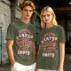 Olive graphic t-shirt with cats and coffee heart quote