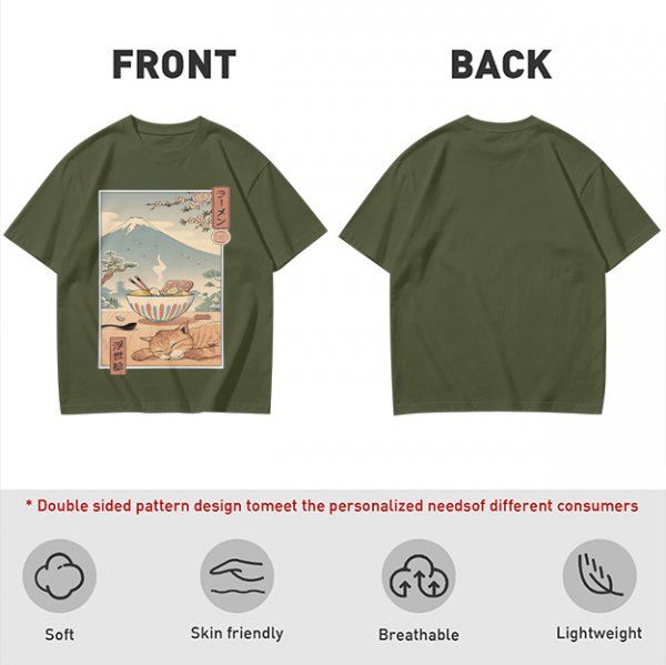 Olive t-shirt with ukiyo-e style ramen cat and Mount Fuji print