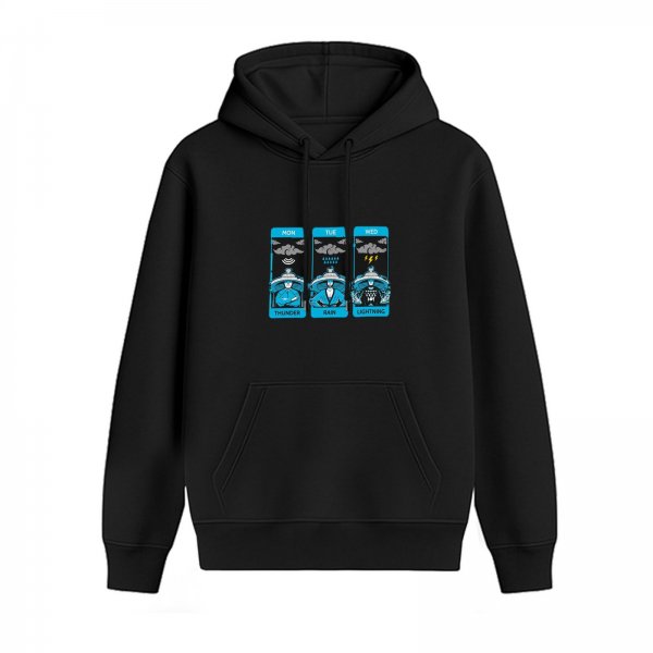 Black hoodie with three day weather tarot-style graphic print