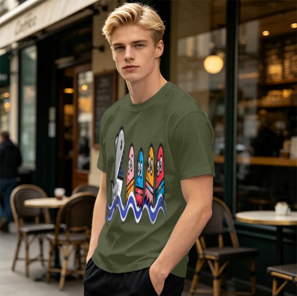 Olive T-Shirt With Shark And Colorful Ghost Creatures Print