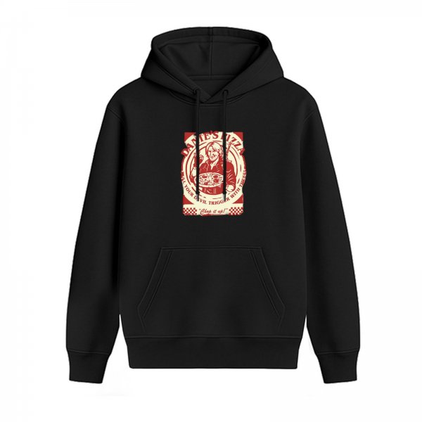 Black Hoodie with Retro Pizza Themed Graphic Print