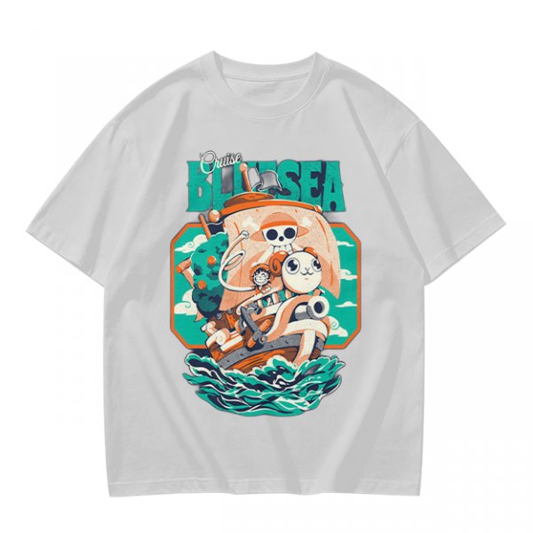 Olive T-Shirt with Cartoon Pirate Ship Blue Sea Cruise Print