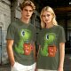 Olive green t-shirt with cute Tea Rex dinosaur holding a steaming tea mug