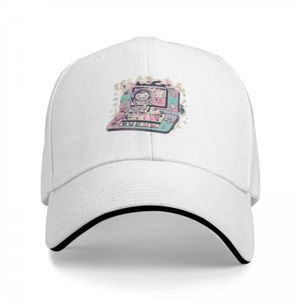 Black baseball cap with pastel handheld gaming and anime character print
