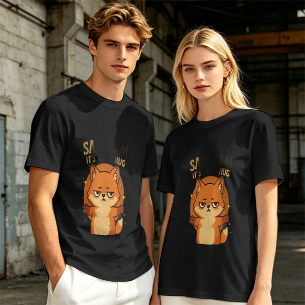 Olive green t-shirt with grumpy fox offering a hug graphic