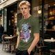 Olive T-Shirt With Maneki-Neko Sabertooth Cat And Crow Art