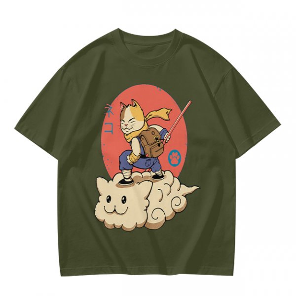 Olive T-shirt with a cat warrior riding a flying cloud graphic