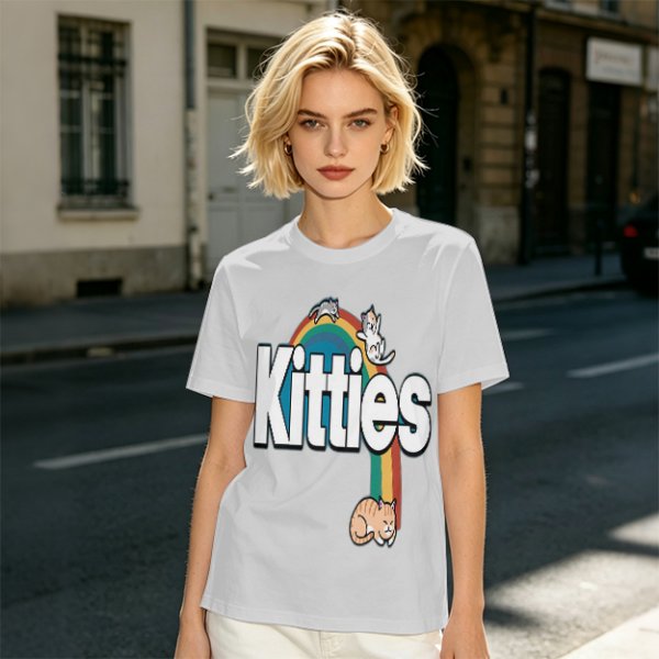 Olive Green T-Shirt With Kitties Rainbow Graphic Design