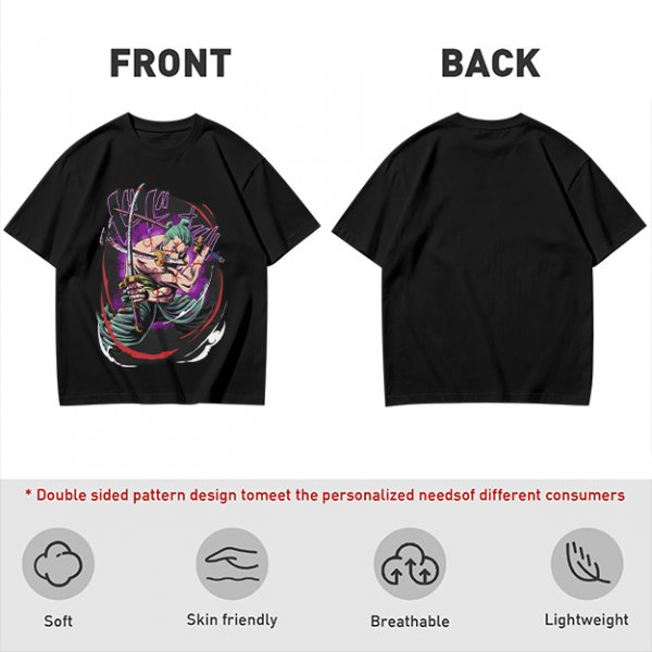 Olive T-shirt with One Piece Roronoa Zoro Three Sword Style Print