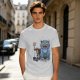 Olive T-Shirt With Whimsical Blue Cat And Mushroom Figure Print